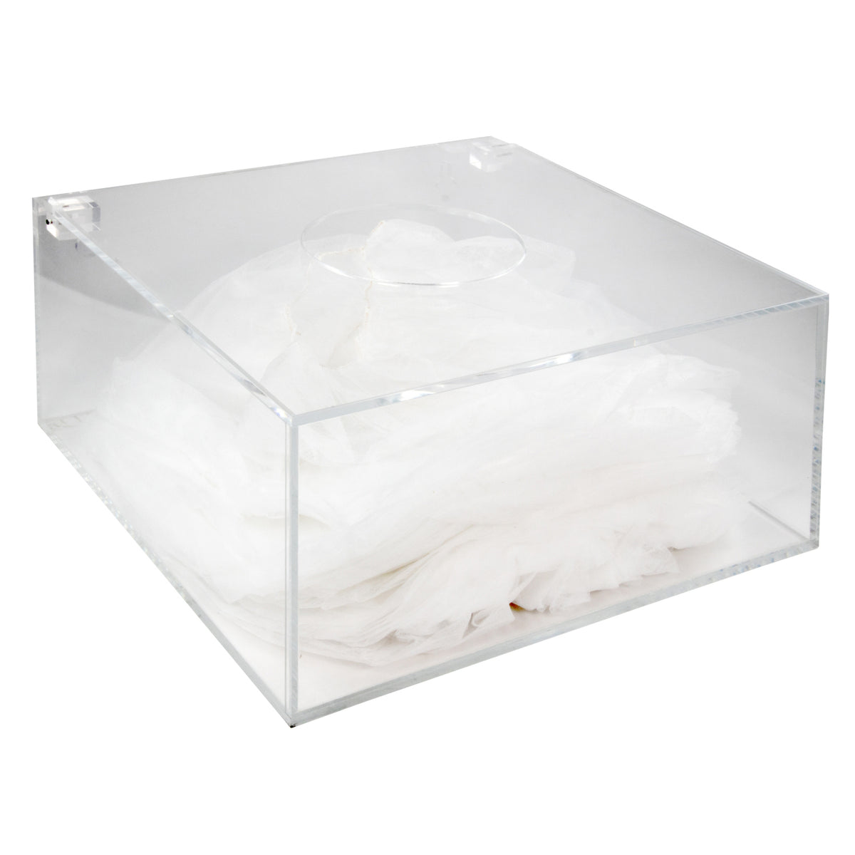 Acrylglas-Spenderbox für Hauben | mit Deckel und Loch 120 mm mittig